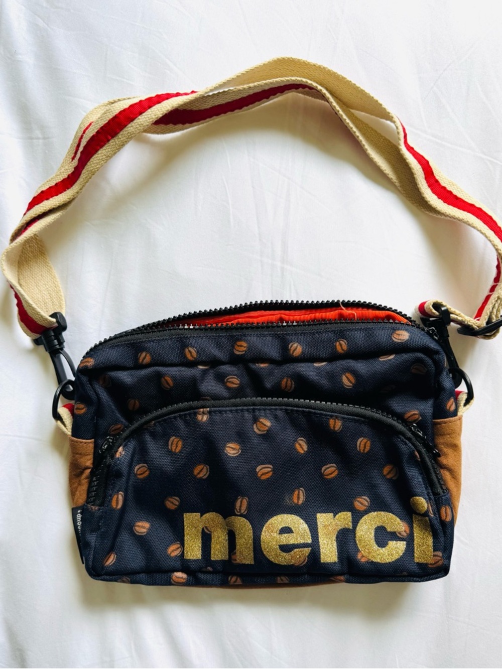 Mercibeaucoup Coffee Bean Cross Body Bag with Red-Trim Beige Strap